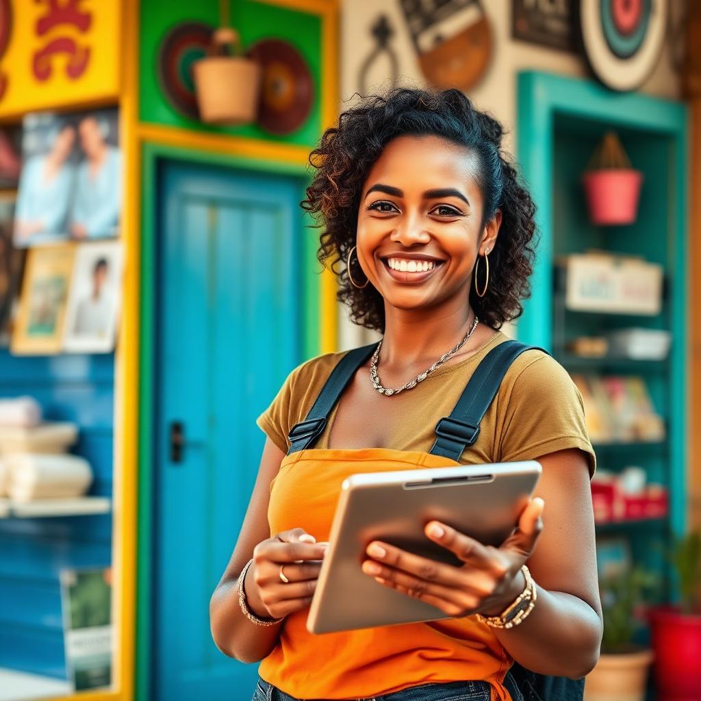 Pequena lojista brasileira sorrindo em frente ao seu comércio de rua com tablet nas mãos