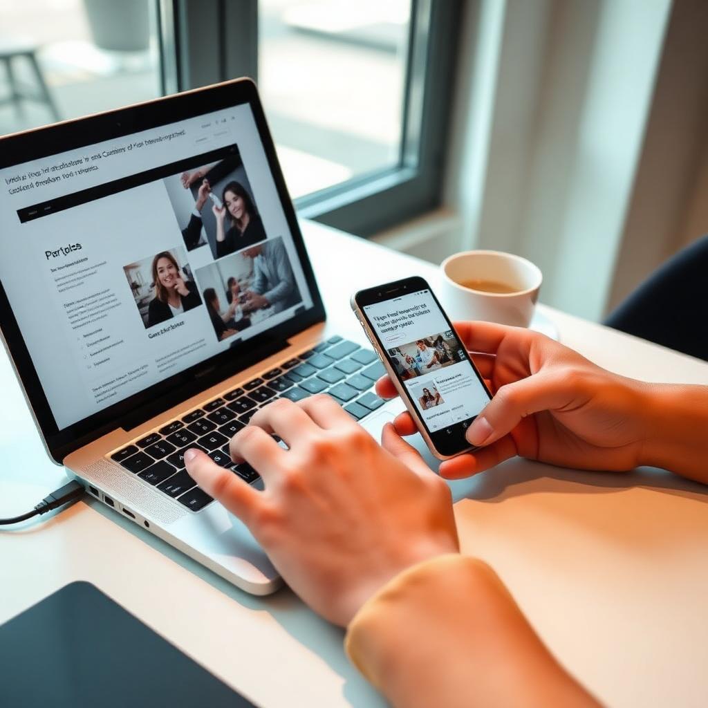Mãos criando uma campanha em um laptop e celular em uma mesa clara