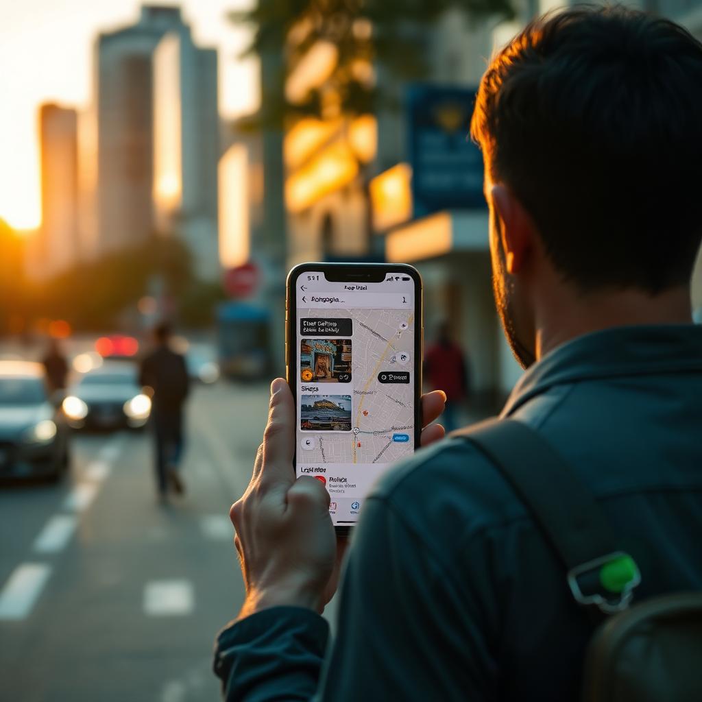 Pessoa em uma rua de São Paulo olhando um mapa de lojas próximas no celular